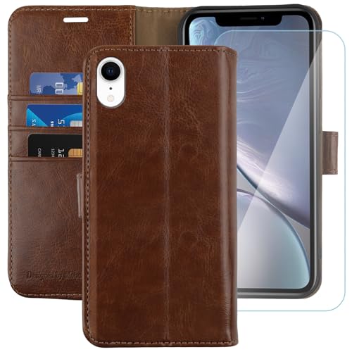 MONASAY Wallet Case Compatible for iPhone XR, 6.1-inch, [Glass Screen Protector Included] [RFID Blocking] Flip Folio Leather Cell Phone Cover with Credit Card Holder, Brown