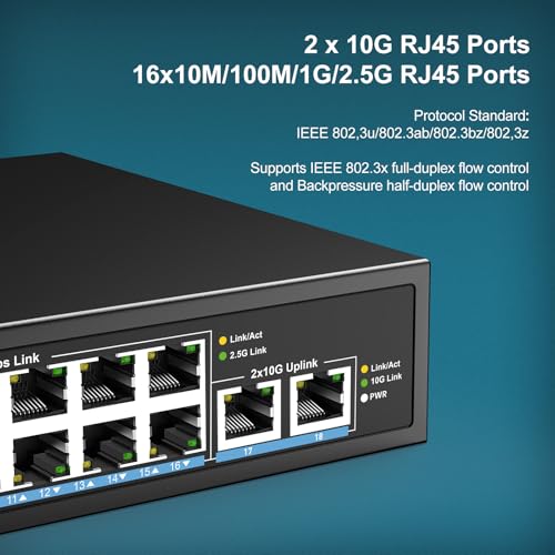 Image of 18-Port 2.5G Ethernet Switch with Dual 10GBASE-T Port, Vimin 16X 2.5G +2 x 10Gb RJ45 Ports Unmanaged Switch, 120Gbps Capacity, 2.5G /10G Switch Desktop /Wall Mount Network Switch for NAS, PC, AP