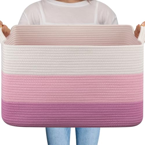 Image of OIAHOMY Large Blanket Basket, 65L Cotton Rope Woven Laundry Basket, Toy Bin for Baby Room, Container for Blanket Storage in Living Room, 20''x16''x12'', Gradient Pink
