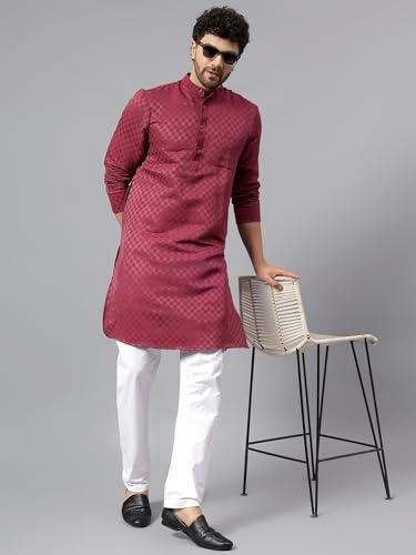 Image of LATEST CHIKAN Men's Checkered Cotton Blend Straight Kurta