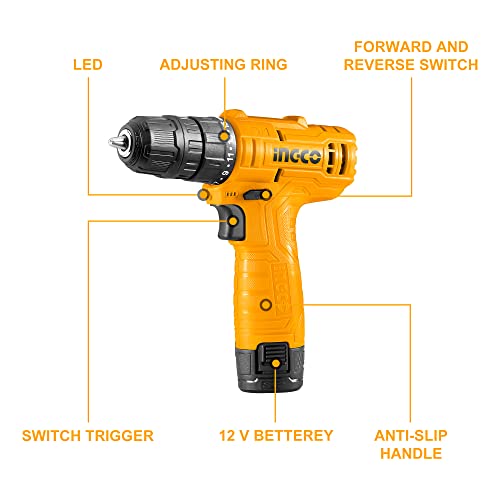 INGCO Cordless Drill, Electric Power Drill 12V Lithium-ion | 20NM | 0-750rpm | 0-3/8'' Chuck Capacity 15+1 Torque Setting LED Power Tool Kit With 1pcs 1.5Ah Battery for Home (1 Set)