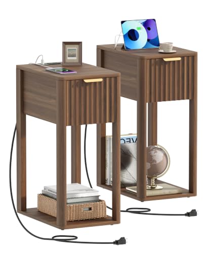 Image of Akxomel Narrow Nightstand Set 2 with Charging Station Fluted Table Walnut