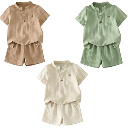 MEHIZU 3-Pack Toddler Boy Short Sleeve Button Down Shirts and Short Set 4 Years Casual Solid Color Tees for Summer Outfits（Green+Khaki+Apricot）