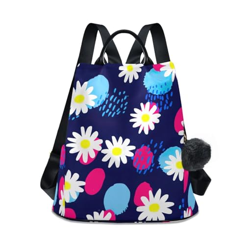 Mochila antirrobo de mujer con estampado de flores azul marino y pompón de moda
