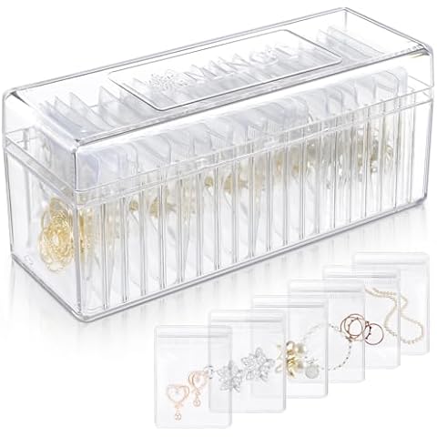 Keshoyal Acrylic Jewelry Organizer, Clear Acrylic Jewelry Box Organizer With 20 Portable Anti Tarnish Jewelry Bags, Clear Earring Storage Organizer For Rings/Necklaces For Women Girls Cover