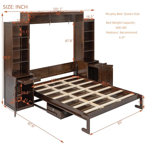 Image of Merax Queen Size Murphy Bed with Desk and LED Lights, Power Outlet, Foldable Murphy Cabinet Bed with Open Storage Shelves & Drawers, Wood Space-Saving Hidden Wall Bed for Guest Room, Dark-Brown
