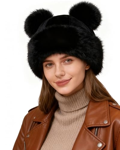 Ufgin Womens Winter Faux Fur Hat - Warm Furry Beanie with Pom Pom Fisherman Cap Casual Trendy Mongolian Hat Sports Skiing Cap(Black)