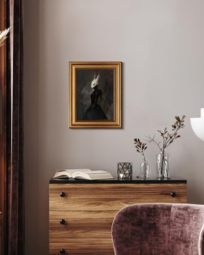 Image of HUARCEY Gold Framed Vintage Wall Art Canvas Prints Gothic Room Decor Vintage Rabbit Lady Wall Decor, Aesthetic Dark Academia Halloween Pictures Oil Painting Goth Decorations 8x10in