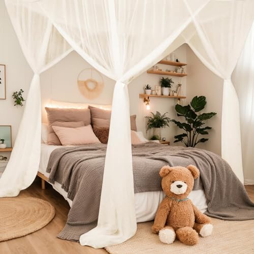 Cortinas para cama con dosel beige de 75x83x94 con tubos de expansión y ganchos 7