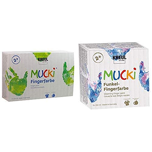 KREUL 2316 - Mucki Set de 6 pots de peinture au doigt de 150 ml Peinture végane sans parabène, gluten ni lactose Lavable et applicable au doigt et au pinceau Couleurs lumineuses