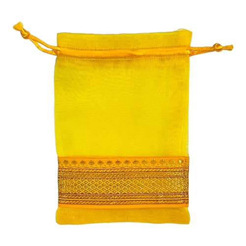 KRIWIN Pack of Thirty Small Size Silk Organza Potli Gift Bags Coin Bags(15 X 10 cm) Drawstring Closure (Yellow) - Image 7