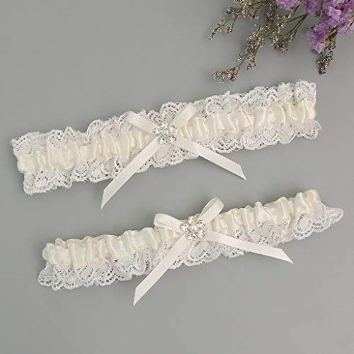 Gargala Wedding Garters For Bride Garter Ivory White Garter Bridal Garter With Rhinestone Satin Bow Plus Size Option (M: 16") #TOP1