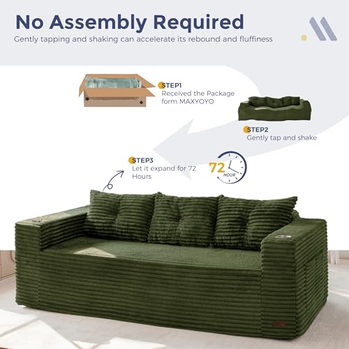 Image of MAXYOYO 79 inch Oversized Boneless Loveseat Sofa Couch for Small Spaces, Mini Love Seat Floor Couch with Cup Holders and Pillows, 3-Seater Upholstered Cloud Couch for Bedroom, No Assembly Required