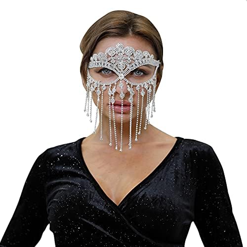 Maijiao Masquerade Mask for women Cosplay Veil Headwear Mask Chain Halloween Costume Crystal Rhinestone Head Chain Rave Outfit Head Covers Indian Jewelry for Women