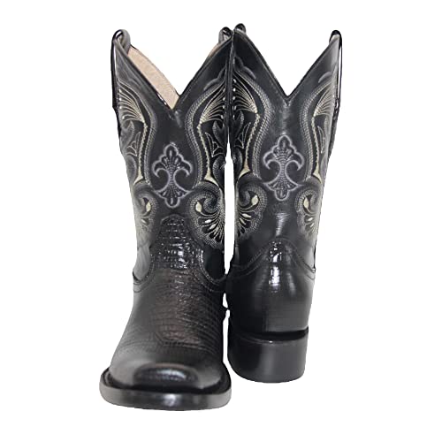 Men's Genuine Leather Lizard Print Black Cowboy Boot Square Toe Mid Calf2