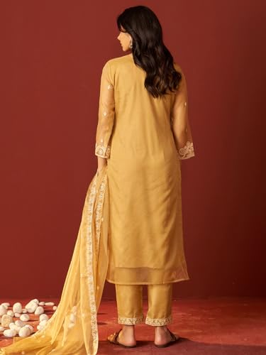 Image of INDO ERA Womens's Organza Floral Straight Fit Calf Length Kurta with Pant & Dupatta Set (IESTR10679)