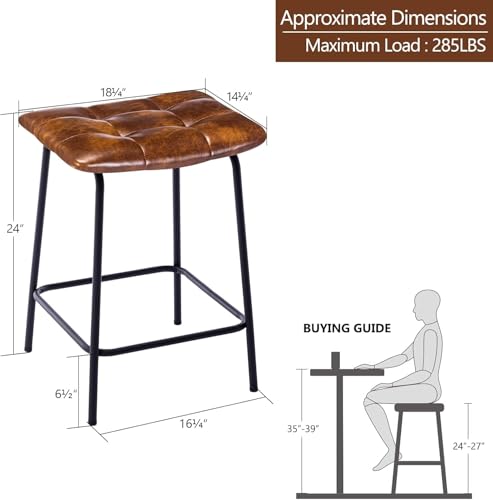 DUHOME Butacos cuadrados acolchados para barra de cocina, set de 2 unidades, tapizados en cuero sintético transpirable con reposapiés, sin respaldo, altura 24 pulgadas, color marrón amarillento miniatura 2
