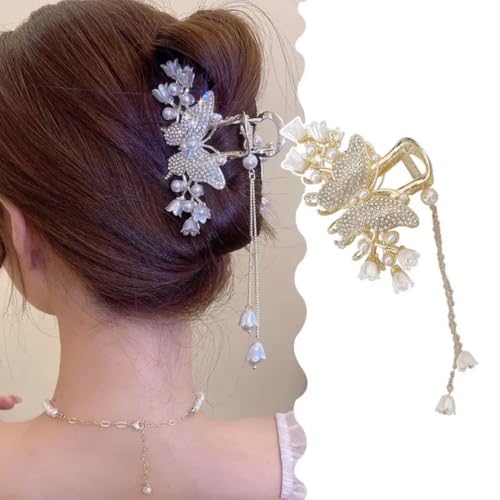 Image of Diversa Rhinestone Golden Peacock Claw Clip, Tassel & Bellflower Embellished Korean Clutcher, Non- Slip Metal Claw Clip for Girls, Fancy Clutcher for Women, Pack of 1
