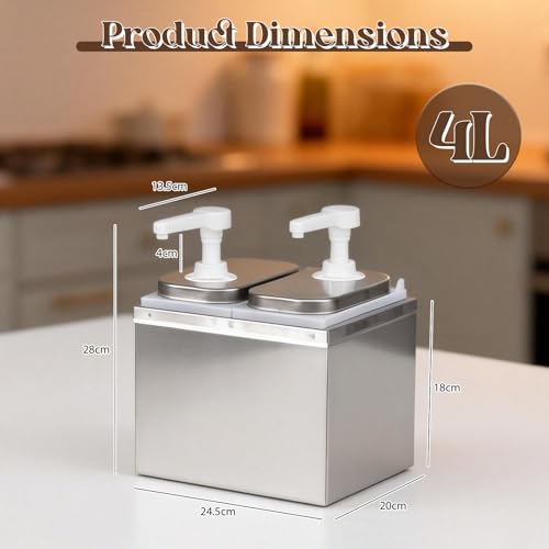 4L Ketchup Spender mit 4 360° Drehbaren Pumpen Soßenspender Grillsaucen Pumpspender 304 Edelstahl Saucenflasche Ideal für Salatdressing Senf Honig Marmelade Schokosoße