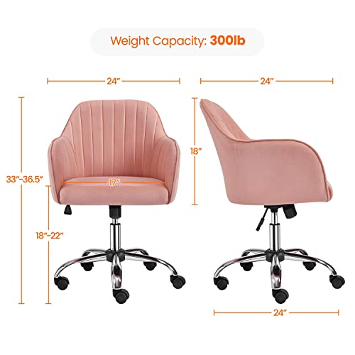 Yaheetech Velvet Office Desk Chair Height Adjustable Task Chairs Modern Office Chair Makeup Chair 360° Swivel Computer Chair Mid Back Chair Living Room Chairs With Arms&Stainless Base Accent Pink #TOP2