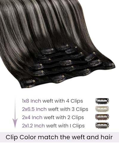 Image of LaaVoo Human Hair Clip In Extensions, Silky Straight, 14 Inch | Black Base Balayage With Silver Grey Strands, 120g 7pcs, Clip In Hair Extensions Real Human Hair, Soft, Thick Full