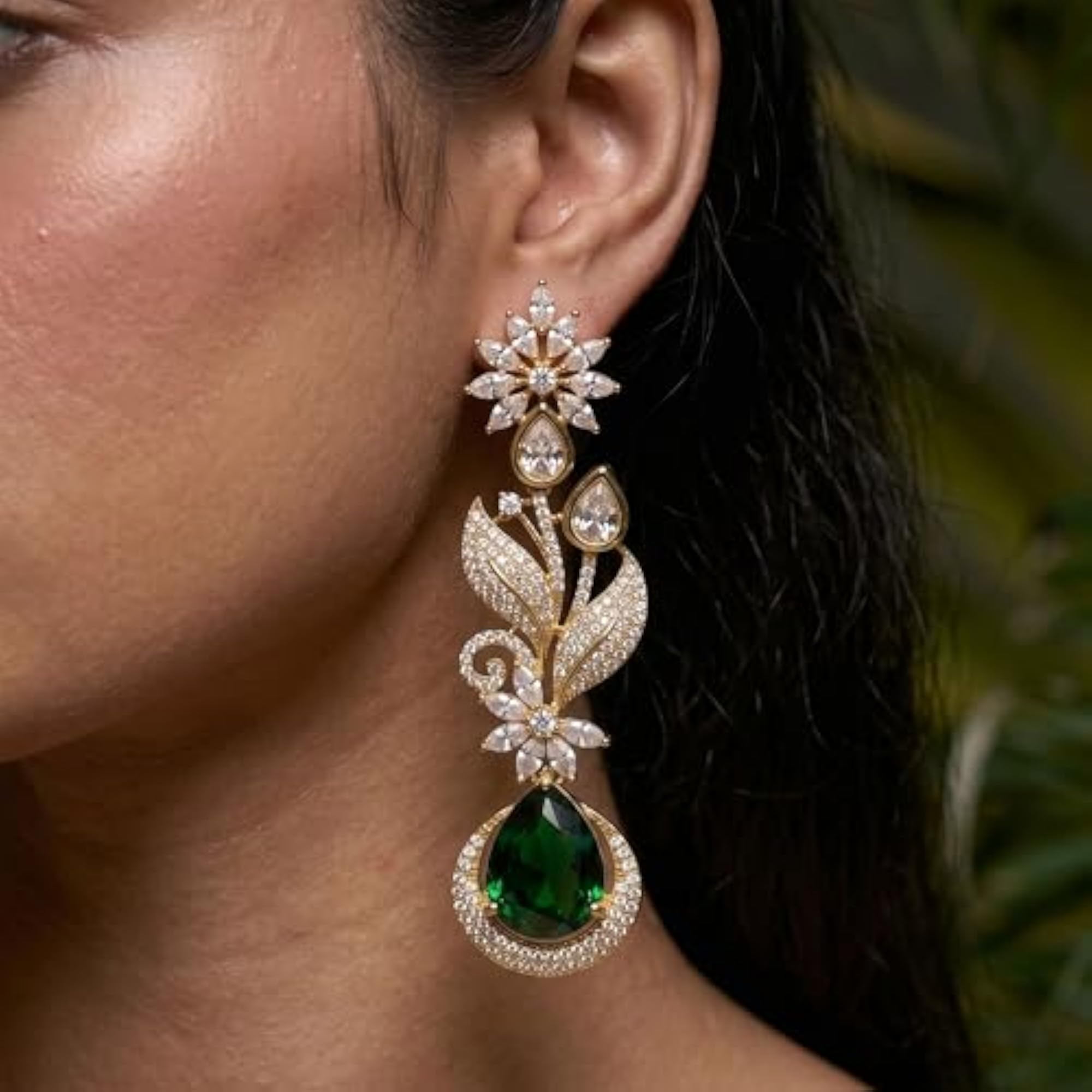 Women's Emerald Bloom American Diamond Dangle Earrings in Gold Plated Brass