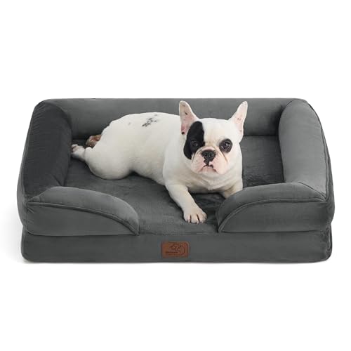 Image of Bedsure Orthopedic Dog Bed Medium Size Dogs - Washable Medium Dog Cat Bed Waterproof, Comfort Pet Couch Sofa with Washable Removable Cover, Pets Bed with Nonskid Bottom, Dark Grey, 28 inch