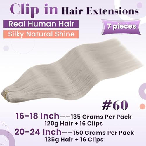 Image of LaaVoo Clip in Hair Extensions Real Human Hair Blonde Clip in Hair Extensions for Women Double Weft Clip ins Hair Extension Human Hair Platinum Blonde 18 Inch 7pcs /135g