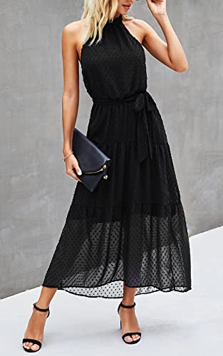 Image of PRETTYGARDEN Women's Halter Neck Floral Long Maxi Dress Casual Sleeveless Backless Dresses Loose Ruffle Sundress with Belt
