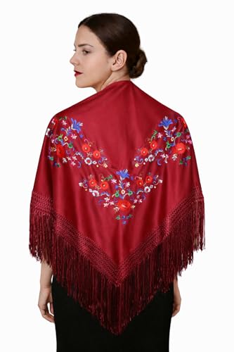 Châle espagnol brodé main fluide sans faux plis rouge grenat