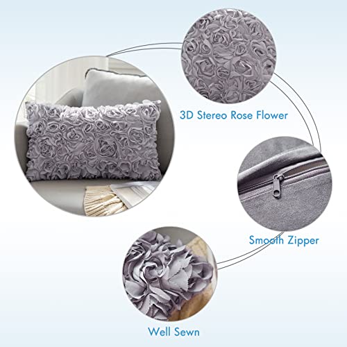 Miulee 3D Decorative Spring Romantic Stereo Chiffon Rose Flower Pillow Cover Solid Square Pillowcase For Sofa Bedroom Car 12X20 Inch 30X50 Cm Grey Gifts Valentines Day #TOP1
