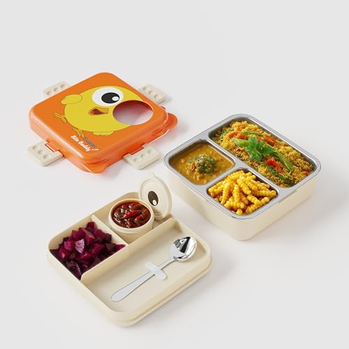 Image of Darkpyro Super Bite Buddy Cartoon Kids Lunch Box with Compartments - Air Vent, Spoon, Sauce Container & Stainless Steel Tray - Orange Chick Design (1100ml+50ml)