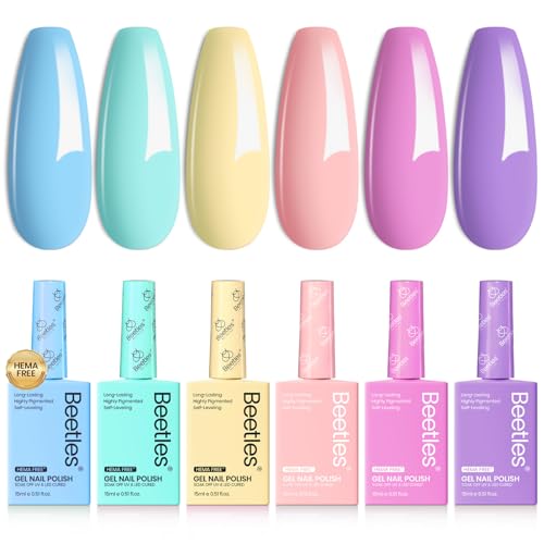 Beetles Pastel Gel Polish - Fairy Tale Dream 6 Colors Hema-Free Gel Polish Set, 15ML Pastel Yellow Pink Blue Purple Nail Colors, with Colorful Bottle Soak off Uv Led Lamp Nails
