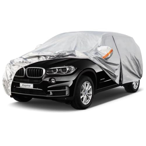 Kayme SUV Car Cover Fit for BMW X5 (2007-2025) Automobiles All Weather Waterproof, Outdoor Cover Sun Rain Protection, with Lock and Zipper Door.Silver