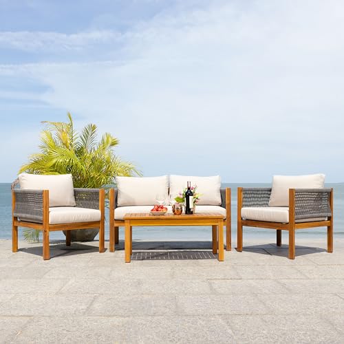 SAFAVIEH Outdoor Collection Wilson Brown Acacia Wood/Light Grey Cushion & Grey Rope 4-Piece Conversation Patio Set