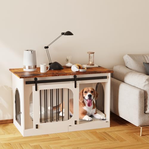 YDTOP Hundebox für Zuhause 100cm, XL Hundekäfig Möbel mit 3 Schiebetüren & Hundematte, Moderne Hundehütte Holz für Kleine Mittlere Große Hunde, 100x60x69cm, Weiß & Braun