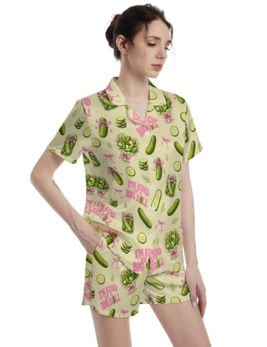 Image of Funny Pajamas for Women Set Print Satin Loungewear Pjs Short Sleeve Button Down Top and Shorts Sets Sleepwear XS-3XL