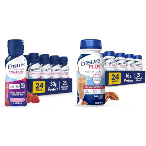 Ensure COMPLETE Nutrition Shake, 30g of Protein, Meal Replacement Shake, with Nutrients for Immune Health, Strawberry, 10 Fl Oz & Plus Butter Pecan Nutrition Shake, Meal Replacement Shake, 24 Pack