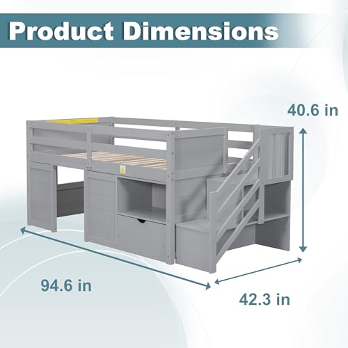 Okak Twin Size Low Loft Bed with Playhouse Loft Bed Frame with Drawer, Shelf,Stairs and Safety Guardrail for Teens, Girls or Boys Loft, Strong Wood Slats Support,Gray