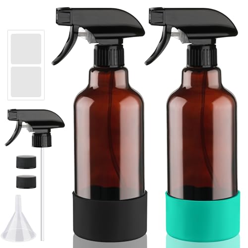 Glass Amber Spray Bottles with Silicone Sleeve, 2 Pack 16.9oz Refillable Containers with Adjustable Spray Nozzles, Empty Spray Bottle for Cleaning Solutions, Hair, Plants, Essential Oils (Black+Green)