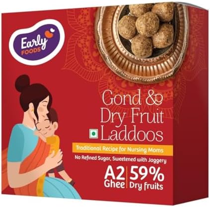 Early Foods - Lactation Laddu - Gond & Dry Fruit A2 Ghee Laddoos - No Added Refined Sugar/Palm oil | Traditional Recipe for Postpartum Recovery & Increasing Breast Milk | With Dry Ginger as a Natural Galactagogues, 250g