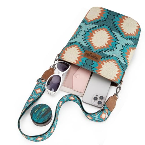 Image of Wrangler Aztec Crossbody Bags for Women Southwestern Print Canvas Shoulder Purse with Distressed Look and Adjustable Strap