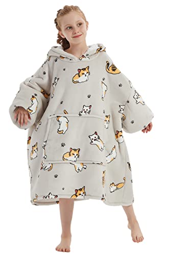 VERTAST Kinder Übergroßer Hoodie tragbare Decke Sweatshirt Sherpa-Futter warme Decke Kapuzen Pullover Geschenke für Sofaliebhaber Jungen Mädchen, Graue Katze Cover