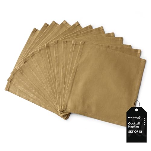 Image of Encasa XO Dining Cocktail Napkins 12 pcs (1 Dozen) Set of Large 23x23 cm (9 inchx9 inch) - Mustard - Absorbent Heavy Cotton Party Fabric Machine Washable for Home Restaurant Banquet & Hotel