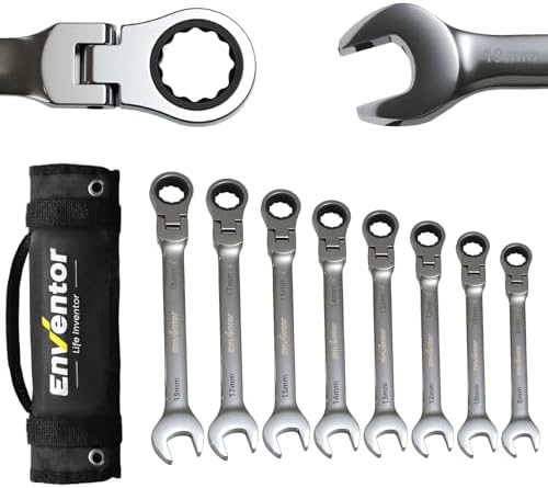Enventor 8-teiliger Flexibles Ratschenschlüssel Set, Metrisch 8–19 mmn | Gabelschlüsselsatz, 72 Zähne, in Aufbewahrungstasche, Chrom-Vanadium-Stahl, für Elektriker, Autoreparaturen
