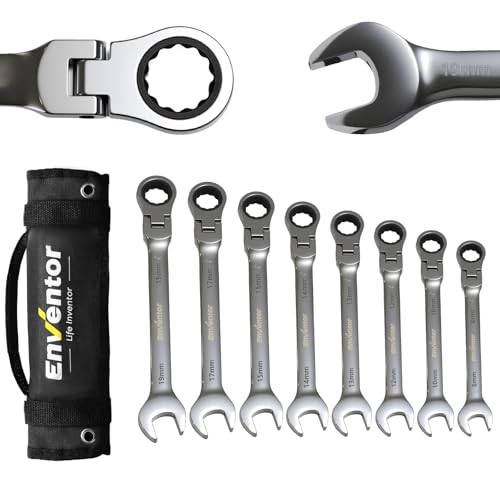 Enventor 8-teiliger Flexibles Ratschenschlüssel Set, Gabelschlüsselsatz, 72 Zähne, in Aufbewahrungstasche, Chrom-Vanadium-Stahl, 8–19 mm, für Elektriker, Autoreparaturen, Möbelmontage