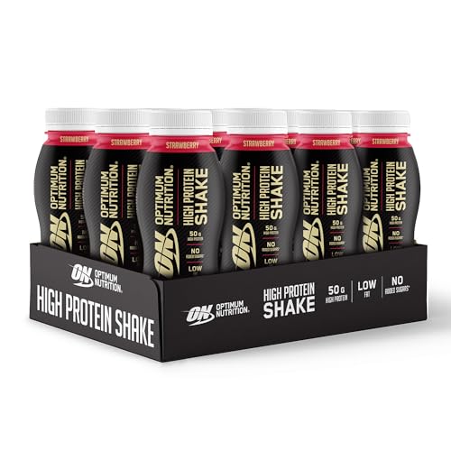 ON High Protein Shake Bottles, Ready To Drink Healthy Snacks, No added sugars, low fat, Post Workout Snack for Men and Women, Strawberry Flavour, 12x500ml, Packaging may vary