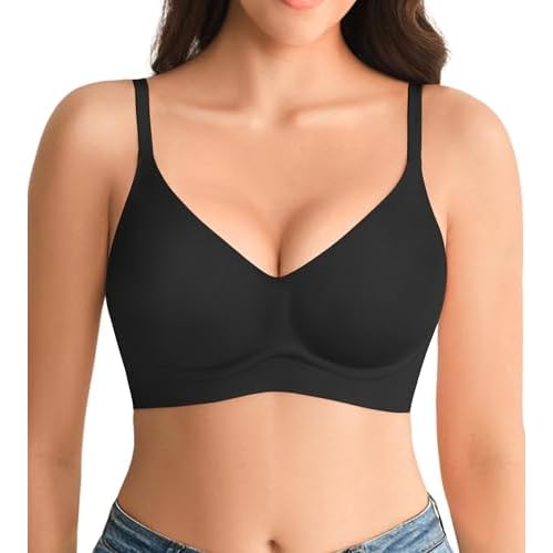 Jelly Bras for Women No Underwire - Wireless Seamless Padded Bralette, Full Coverage Back Smoothing Bra with Support (S-2XL) Black Medium