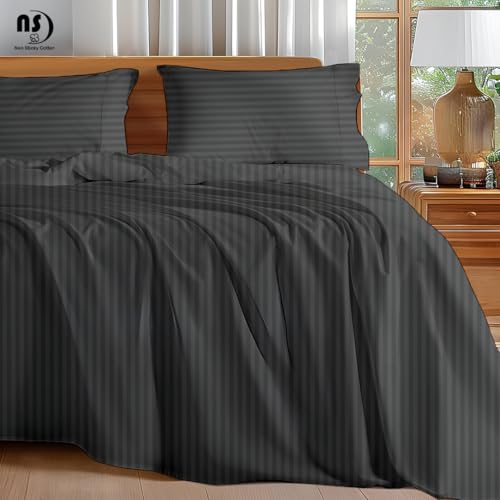 4 Pc California King Cotton Sheet Set Dark Grey Stripe 10-18" Deep Pocket