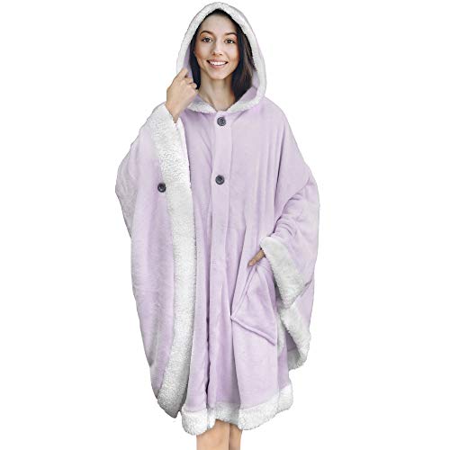 PAVILIA Angel Wrap Hooded Blanket | Poncho Blanket Wrap with Soft Sherpa Fleece | Wearable Blanket Throw Gift with Hood Pockets Cape | Plush Warm Shawl Cozy Gifts for Women Wife (Purple)